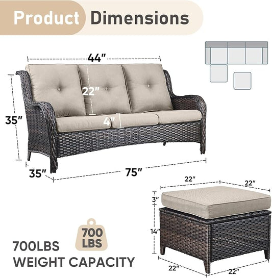 Outdoor Patio Furniture - 3 Seater Outdoor Rattan Wicker Sofa Patio Couch with Ottoman for Porch Deck Garden Backyard - Brown/Beige