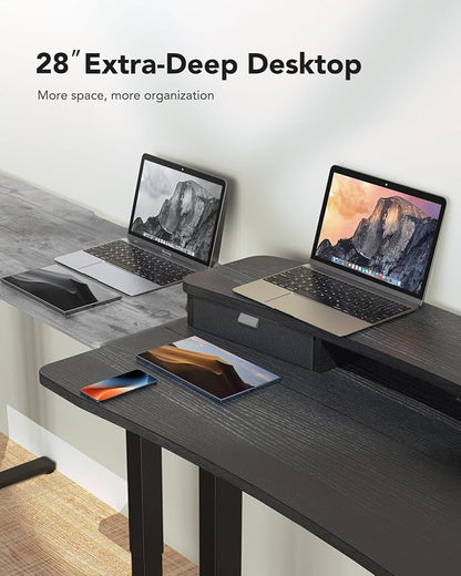 HUANUO 48″ x 28″ Electric Standing Desk with 2 Drawers, C-Clamp Mount Compatible, Height Adjustable Computer Desk, Home Office Stand Up Desk with 4 Preset Heights & 2 Hooks, Black