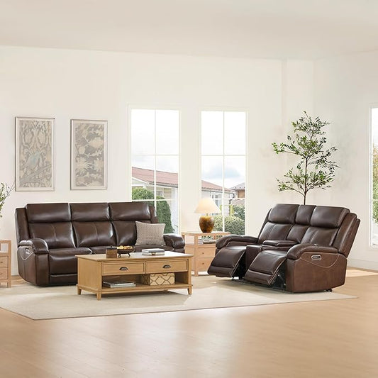 Watson & Whitely Power Reclining Sofa and Loveseat Sets, Genuine Leather Sofa Recliner Couch Set with Power Headrest, Storage Console, USB Ports, Cup Holders, Living Room Furniture Set, Dark Brown