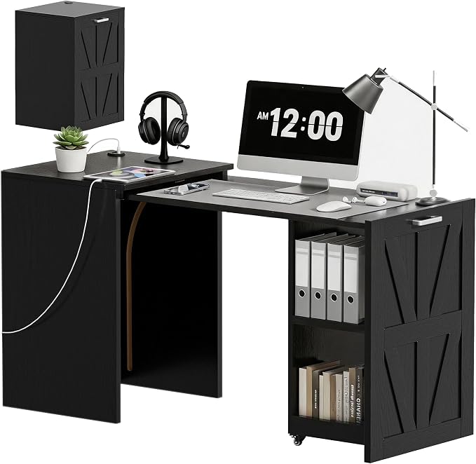 Foldable Desk with Charging Station, Rolling Computer Desk with Storage Shelf for Small Spaces, Pull-Out Home Office Table for Bedroom, Apartment, Dorm, Black