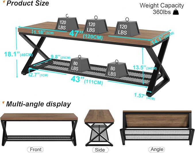 LVB Entryway Bench, Indoor Shoe Bench with Storage and Seating, Wood Metal Storage Bench for Bedroom Living Room, Farmhouse Shoe Rack Bench for Sitting in Hallway Foyer Entrance, Rustic Oak, 47 inch