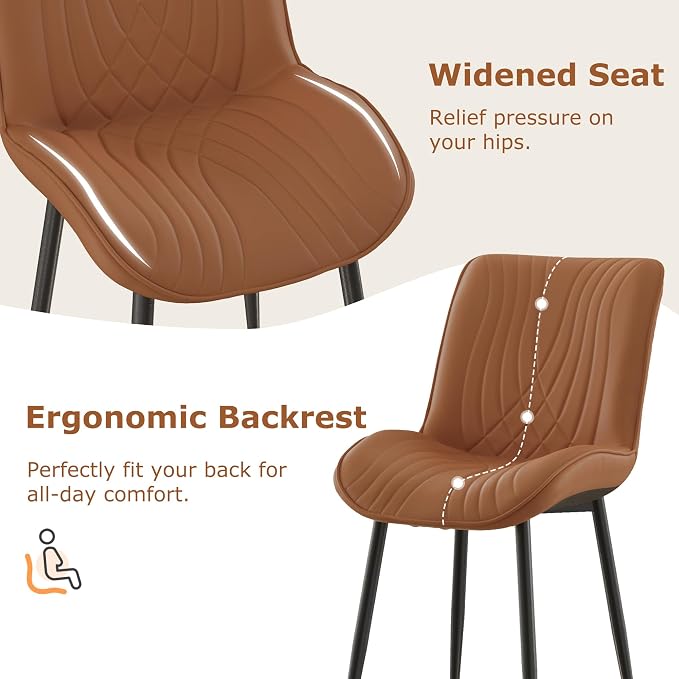 VECELO Dining Chairs Set of 4, Modern Upholstered Faux Leather Cushion Seat and Metal Legs for Kitchen, Living Room, Vintage Cognac Brown