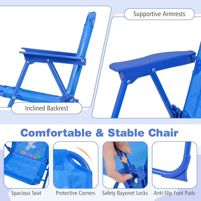 Costzon Kids Picnic Table, Kids Outdoor Table with 2 Folding Chairs, Height Adjustable Umbrella, Portable Children Outdoor Furniture for Patio, Garden, Backyard (Blue Ocean)