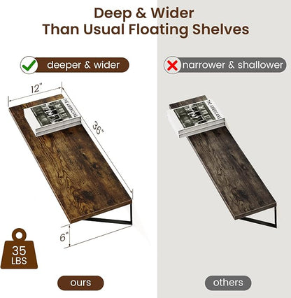 Axeman 12 Inch Deep Floating Shelves for Wall - 36 Inch Wide x 12 Inch Deep Wall Shelves Set of 2 - Rustic Wood Floating Shelves for Living Room