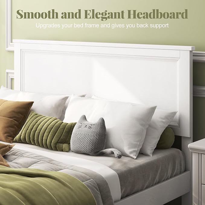 Giantex Wood Queen Platform Bed Frame with Headboard, Mid Century Bed Frame with Solid Wood Legs & Wooden Slat Support, No Box Spring Needed, White Bed