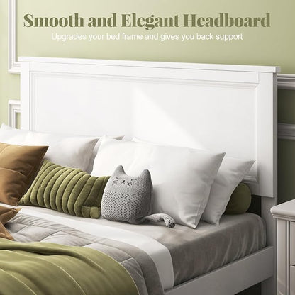 Giantex Wood Queen Platform Bed Frame with Headboard, Mid Century Bed Frame with Solid Wood Legs & Wooden Slat Support, No Box Spring Needed, White Bed