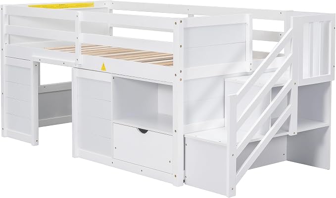 Bellemave Twin Size Low loft Bed for Kids,Wood Loft Beds,Modern Farmhouse Twin loft Bed,Loft Bed with Desk and Storage, No Box Spring Needed,for Kids,White