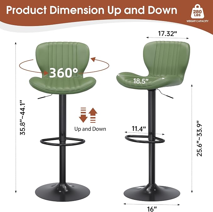 JAMFLY Bar Stools Set of 6, Leather Adjustable Barstools Counter Height Modern Bar Stools, Island Chairs Set of 4 for Kitchen, Green