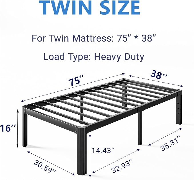 16 Inch High Platform Twin Bed Frame No Box Spring Needed, Metal Bed Frame Twin, Noise Free, Easy Assembly, Heavy Duty, Black