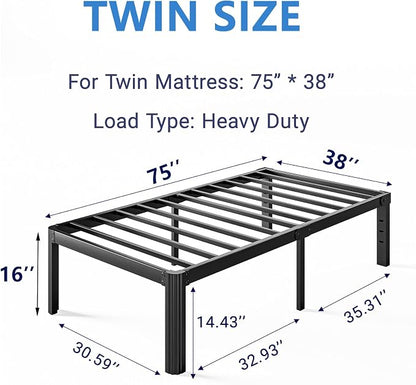 16 Inch High Platform Twin Bed Frame No Box Spring Needed, Metal Bed Frame Twin, Noise Free, Easy Assembly, Heavy Duty, Black