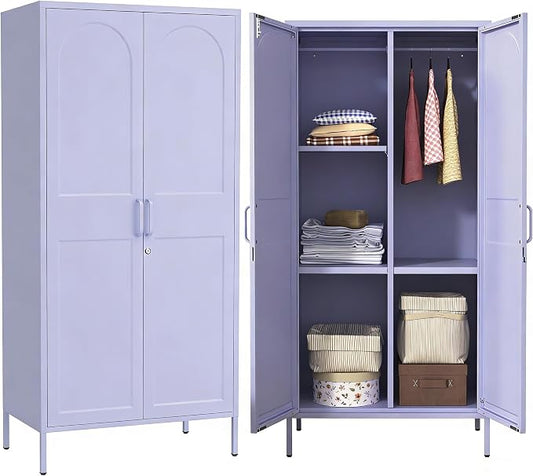 67" Industrial Lockable Metal 2-Door Wardrobe Storage Cabinet with Hanging Rod & Adjustable Shelves, Heavy Duty Multipurpose for Bedroom, Garage, Home Office, Purple 67" H X 31.5" W X 18.1" D