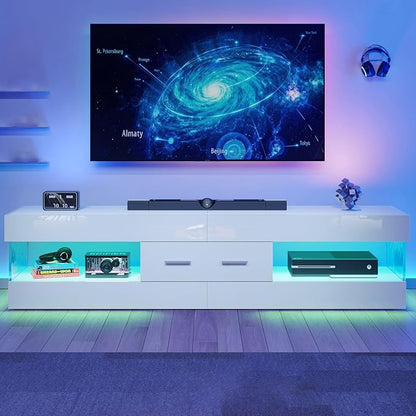 Bestier 67" Modern TV Stand for TVs up to 75 Inch, High Gloss LED Entertainment Center with Stone-Patterned Doors, TV Console with Drawer & Storage for Living Room, White