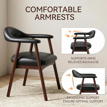 MALOL Leather Dining Chair with Armrest Set of 6, Upholstered Dining Room Chair with Curved Back and Wood Legs, Mid Century Modern Kitchen Chairs for Kitchen Dining Room,Black