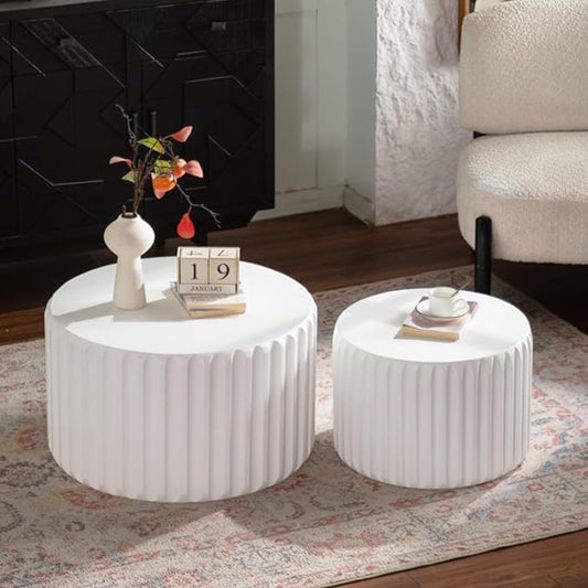 White Round Nesting Coffee Table Set of 2, Drum Side Table, Scalloped End Table witth Elegant Curved-Edge Shape, Circle Wooden Center Table for Living Room, Fully Assembled
