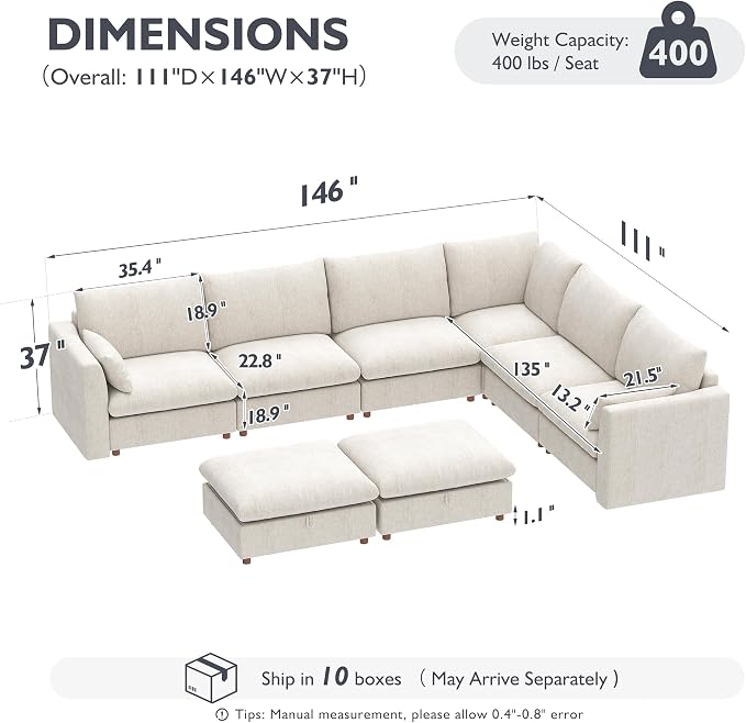 Ihanherry 146" Oversized Modular Sectional Sofa, Modern V Shaped Cloud Couch with 2 Storage Ottoman, 8-Seat Comfy Chenille Deep Seat Sofa with 2 Pillows for Living Room, Beige