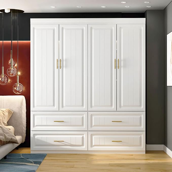AIEGLE 4-Door Armoire Wardrobe Closet with Drawers, White Coat Closet with Doors, Modern Tall Wardrobe Cabinet Closet with Hanging Rod for Bedroom, Freestanding, White, 20.6" D x 63" W x 74.2" H