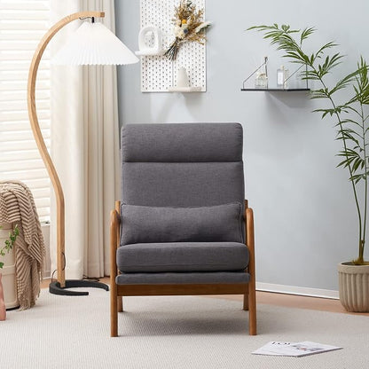 Karl home Accent Chair High Back Mid-Century Modern, Gray | Linen Fabric Upholstered, Walnut Color Solid Rubber Wood Frame, Soft Cushion with Pillow, For Living Room, Bedroom, Balcony