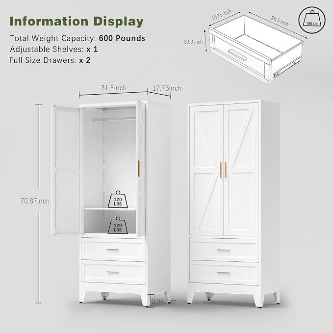 COFaR Metal Wardrobe Cabinet, 71 Farmhouse Armoire Wardrobe Closet with Rods, 2 Barn Doors, Adjustable Shelves, Steel with 2 Drawer Bedroom armoires, White