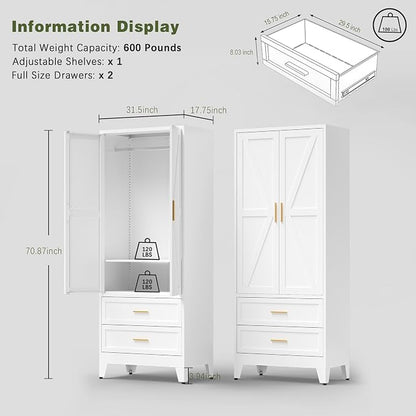 COFaR Metal Wardrobe Cabinet, 71 Farmhouse Armoire Wardrobe Closet with Rods, 2 Barn Doors, Adjustable Shelves, Steel with 2 Drawer Bedroom armoires, White