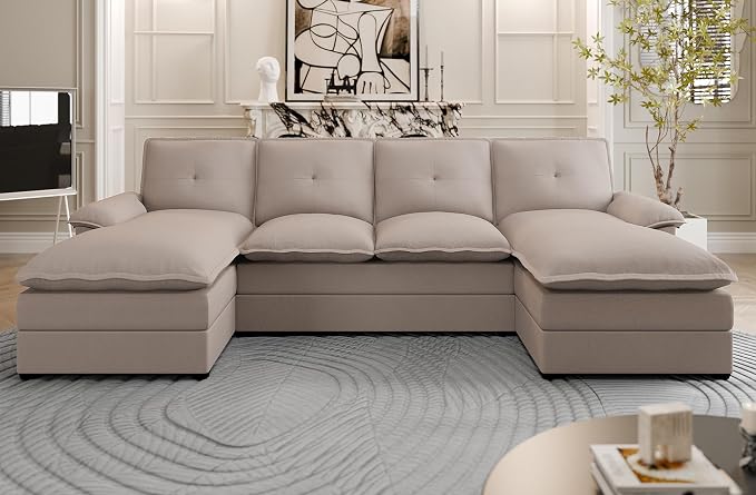 110" Sectional Couches for Living Room,4 Seat U Shape Modular Couch with Thick Cushion & Soft Backrest,Upholstered Sofa Couch with Double Chaise,Beige