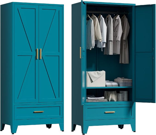 Washsemba 71'' Farmhouse Metal Wardrobe Cabinet with Hanging Rod, 2 Barn Door Wardrobe Closet with Adjustable Shelves,Drawer,for Dining Room,Bedroom,Living Room, Cloak Room,Office (Peacock Blue)