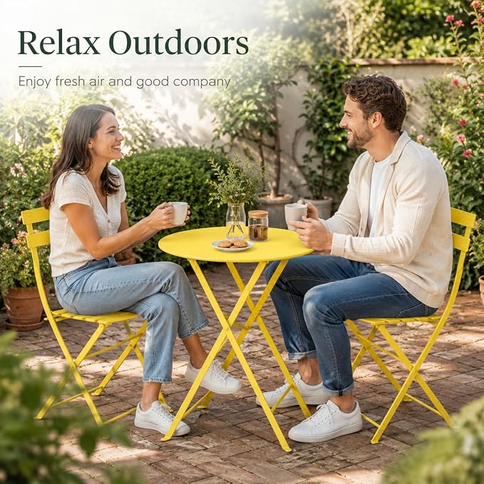 Small 3 Piece Patio Set, Bistro Table and Chairs Set of 2, Outdoor Folding Coffee Table, Outdoor Patio Furniture Set for Balcony, Yard, Garden, Yellow (Yellow)