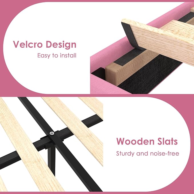VECELO Twin Size Platform Bed Frame with Height Adjustable Upholstered Headboard, Modern Mattress Foundation,Strong Wood Slat Support, No Box Spring Needed, Easy Assembly,Pink