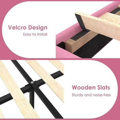 VECELO Queen Size Platform Bed Frame with Height Adjustable Upholstered Headboard, Modern Mattress Foundation,Strong Wood Slat Support, No Box Spring Needed, Easy Assembly,Pink