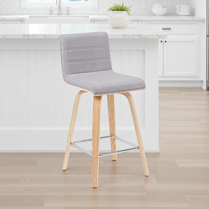 Vienna Modern Counter Height Swivel Bar Stool with Grey Upholstered Seat and Patterned Oak Wood Frame Set of 4