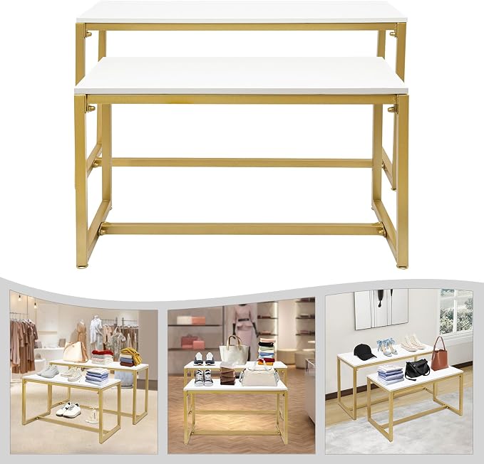 2-Piece Set Gold Modern Nesting Tables, Metal Shoe Handbag Retail Display Racks, Metal Display Riser Shelf for Shoes, Handbags, Home, Clothing Shops, Retail Stores