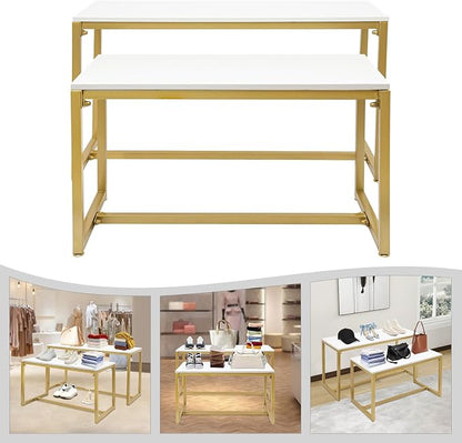 2-Piece Set Gold Modern Nesting Tables, Metal Shoe Handbag Retail Display Racks, Metal Display Riser Shelf for Shoes, Handbags, Home, Clothing Shops, Retail Stores