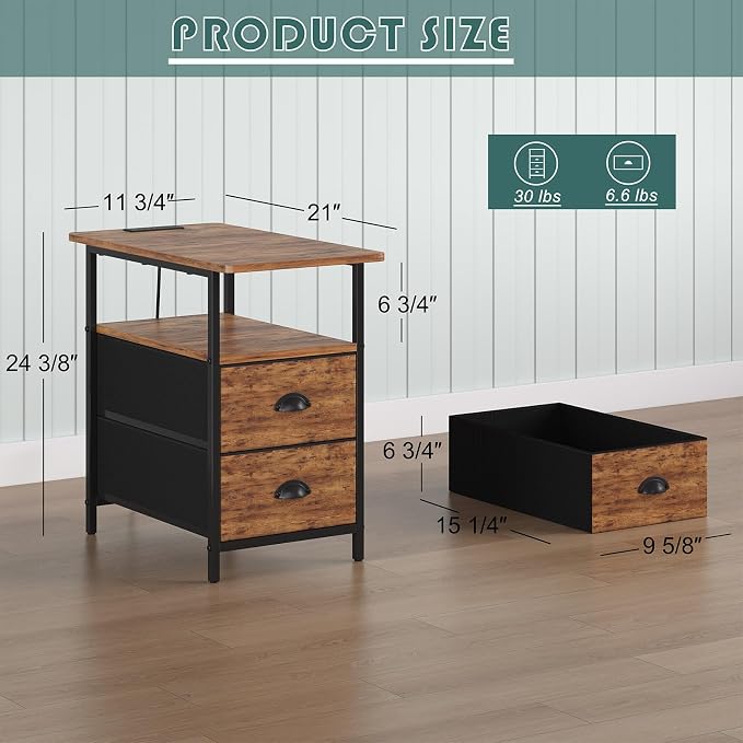 sthmec End Table with Charging Station, Narrow Side Table with 2 Drawers, LED Nightstands with Drawers, USB Ports&Power Oulets,Slim Sofa Side Tables for Small Spaces,Living Room,Bedroom,Rustic Brown