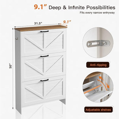 Nicetree Shoe Cabinet, 3 Flip Drawers & Adjustable Shelves, Ultra Slim Freestanding (9.1” Deep), Holds 30 Pairs, Narrow Shoe Storage Cabinet with Anti-Tip Safety, Modern Farmhouse White Walnut