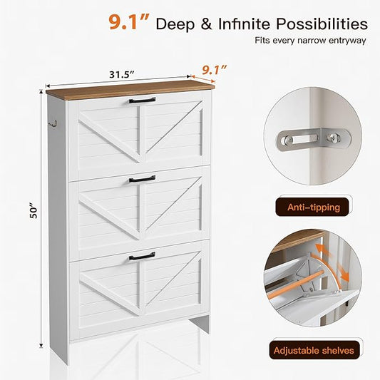 Nicetree Shoe Cabinet, 3 Flip Drawers & Adjustable Shelves, Ultra Slim Freestanding (9.1” Deep), Holds 30 Pairs, Narrow Shoe Storage Cabinet with Anti-Tip Safety, Modern Farmhouse White Walnut