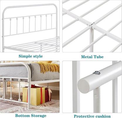 VECELO Classic White Victorian Style Metal Bed Frame with Headboard and Footboard Under Bed Storage No Box Spring Needed Strong Slat Suppor Bed Frame Full Size