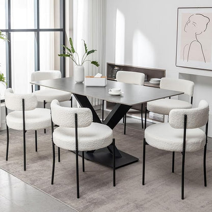 Cinxzar White Boucle Dining Chairs Set of 6, Upholstered Dining Room Chairs with Black Metal Legs, Round Modern Dining Chair for Dining Room, Kitchen
