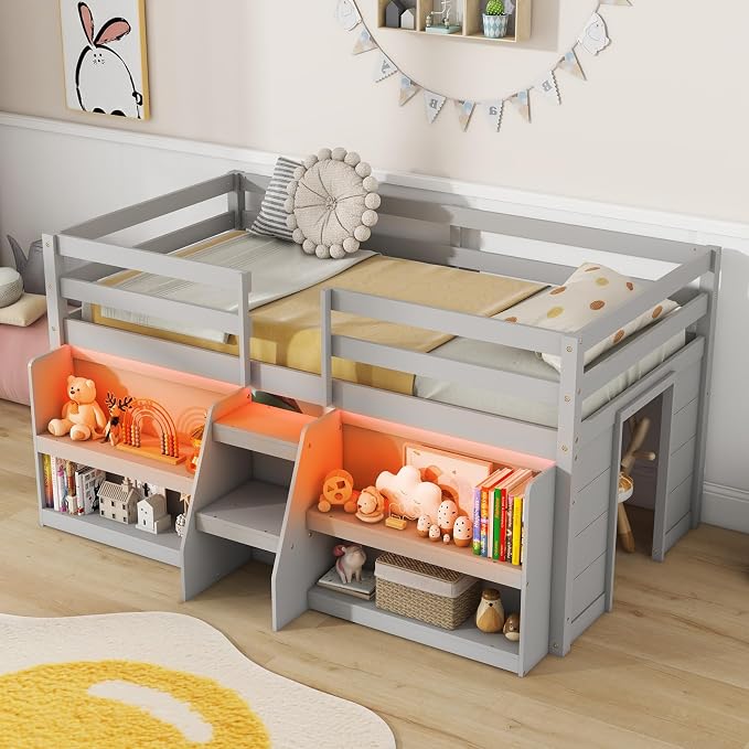 Giantex Twin Loft Bed with LED Lights, Wooden Loft Bed Twin Size with Stairs & Safety Guardrail, Low Loft Bed for Kids with Storage Bookcase and Under-Bed Play Space, Grey