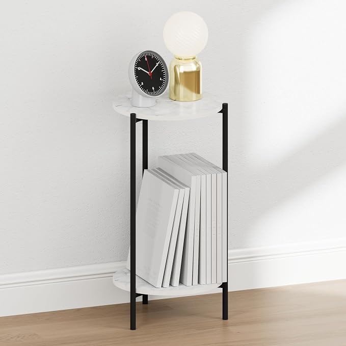 Furinno BESI Night Stand, 2-Tier Tall Round Nightstand with Metal Legs, Metal Frame Narrow End Table with Open Shelf, Side Table, Bedside Table, for Bedroom, Closet, Dorm, Marble White
