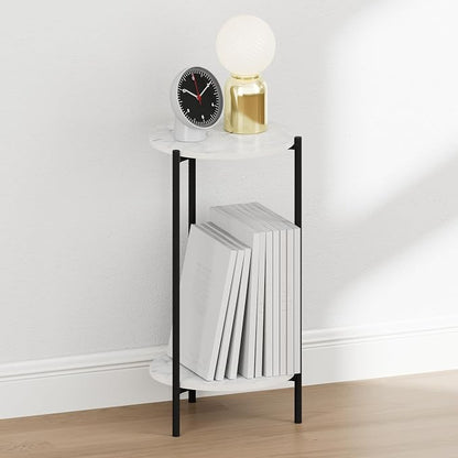 Furinno BESI Night Stand, 2-Tier Tall Round Nightstand with Metal Legs, Metal Frame Narrow End Table with Open Shelf, Side Table, Bedside Table, for Bedroom, Closet, Dorm, Marble White