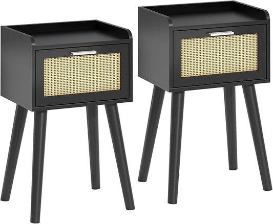 LAATOOREE Nightstand Set of 2, Small Black Bedside Table, End Table with Rattan Door, Boho Side Table with Solid Wood Legs for Bedroom Living Room Small Space