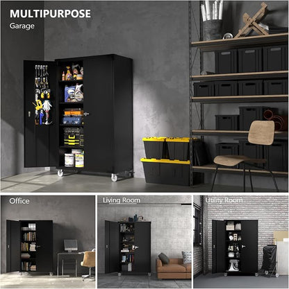 VINGLI Upgraded Wide & Deep Garage Storage Cabinet, Metal Storage Cabinet with Pegboards, Wheels, Locking Doors and Adjustable Shelves (Black, 43''W x 20''D x 72''H)