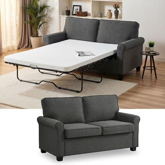 57" Pull Out Sofa Bed with Mattress, Convertible Sofa Bed Loveseat, Twin Sleeper Sofa Couch with Pocketed Coil Seating, Upholstered Fabric Sofa Bed for Small Spaces,Grey