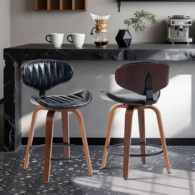 Bar Stools Set of 2, 24 inch PU Leather Wooden Bentwood Swivel Barstools Counter Height Modern Breakfast Bar Chairs with Backrest and Footrest for Kitchen Island, Dining Room D035-Black-2