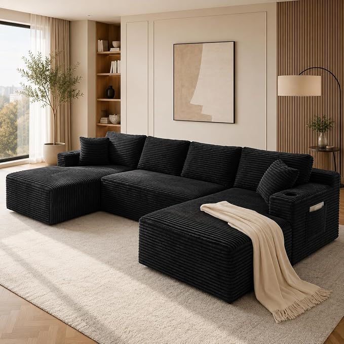 134 Inch Modular Sectional Sleeper Sofa, Boneless Cloud Couch for Living Room, U Shaped 5 Seat Sofa with 2 Storage Pockets& 2 Cup Holders, Free Combination, No Assembly Required (Black)