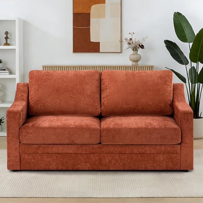67” Chenille Loveseat Sofa w/Comfortable Back Cushions, Orange | Modern 2-Seat Couch w/Deep Seat Space, Upholstered 2 Seaters Sofa w/High Resiliency Foam for Living Room