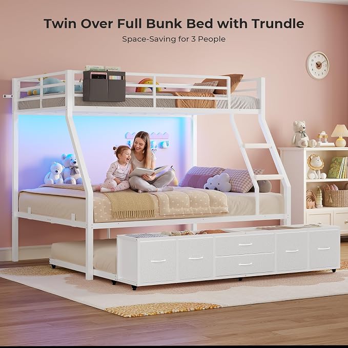 BTHFST Bunk Bed Twin Over Full with Trundle, LED Lights Bunk Beds with 6 Large Storage Drawers, Metal Bunk Beds with Ladder and Full-Length Guardrail, Space Saving, White