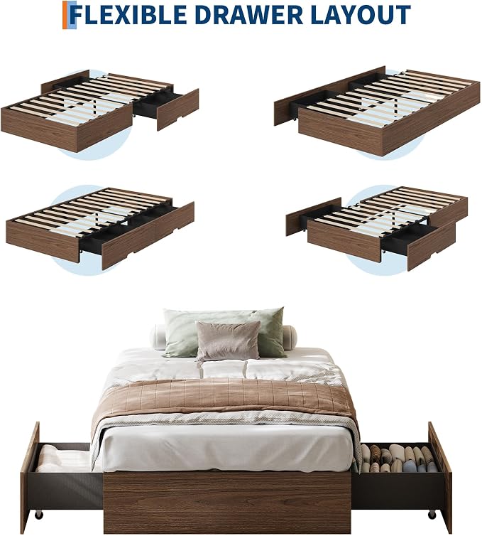 Garvee Twin Bed Frame with 2 Storage Drawers, Wood Platform Floor Bed Frame Without Headboard, Wood Slat Support, No Box Spring Needed, Easy Assembly