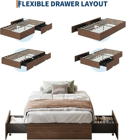 Garvee Twin Bed Frame with 2 Storage Drawers, Wood Platform Floor Bed Frame Without Headboard, Wood Slat Support, No Box Spring Needed, Easy Assembly