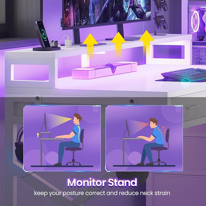SEDETA 55" Gaming Desk with 6 Drawers, Corner Gaming Desk with Storage & LED Lights, Reversible PC Desk with Power Outlet, Corner Computer Desk with Hutch, Monitor Stand, Side Hook, Carbon Fiber White