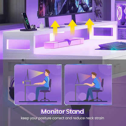 SEDETA 55" Gaming Desk with 6 Drawers, Corner Gaming Desk with Storage & LED Lights, Reversible PC Desk with Power Outlet, Corner Computer Desk with Hutch, Monitor Stand, Side Hook, Carbon Fiber White